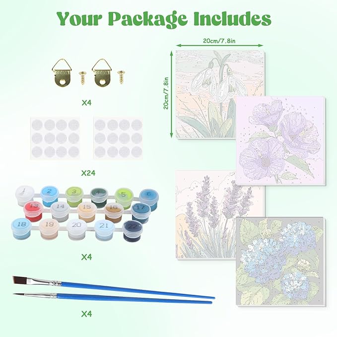 Lxmsja 4 Pack Whispers of Bloom Paint by Numbers Kit for Adults, Easy Framed Paint by Numbers for Adults Beginner, DIY Acrylic Oil Painting Craft Kits for Home Wall Decor 8x8 inch
