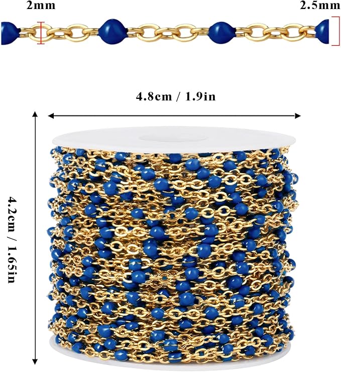 33 Feet Gold Enamel Chains Bulk, 2mm 18K Gold PVD Plated 304 Stainless Steel Navy Blue Enamel Beaded Cable Link Chain Roll Spool for Jewelry Making