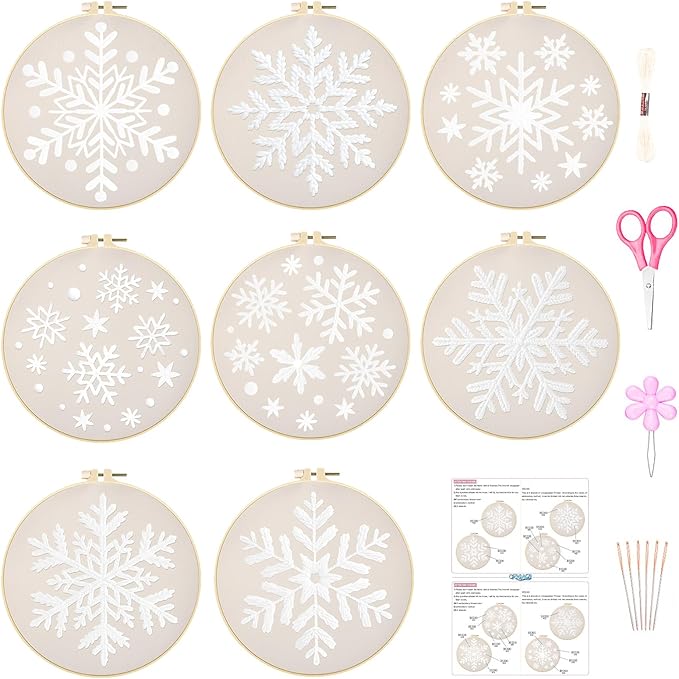 ORIGACH 8 Pcs Snowflakes Embroidery Kit for Beginners, Christmas Stamped Design Embroidery Starter Kit Includes Cloth, Hoops, Threads & Needles