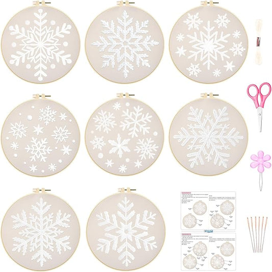 ORIGACH 8 Pcs Snowflakes Embroidery Kit for Beginners, Christmas Stamped Design Embroidery Starter Kit Includes Cloth, Hoops, Threads & Needles