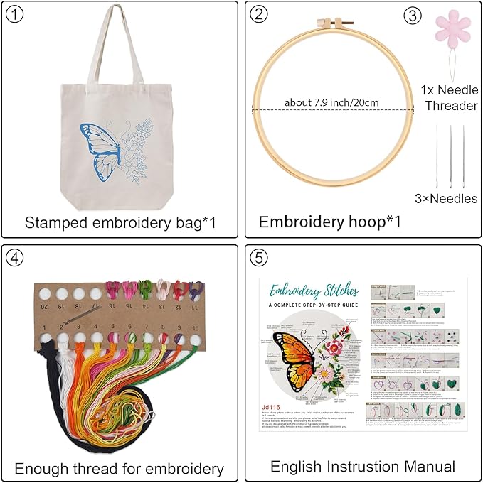 louise maelys embroidery kit canvas tote bag for beginners,cross stitch kits for adults,diy needlepoint with butterfly floral pattern,women shopping reusable grocery bags