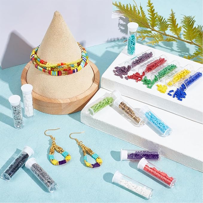 NBEADS About 1280 Pcs 16 Colors 2-Hole Beads, 2-Hole Rectangle Glass Seed Beads with Elastic Thread, Big Eye Beading Needles for Bracelet Necklace Earring Jewelry Making
