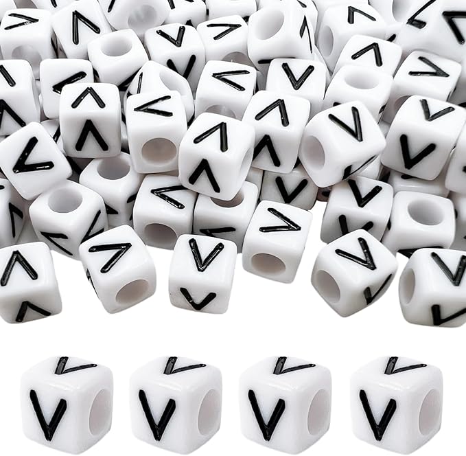 MIIIM 100pcs Pony Beads Letter V for Keychains Making, 6x6mm Large Hole Square Letter Beads for Bracelets Making, Alphabets, Numbers (White and Black)