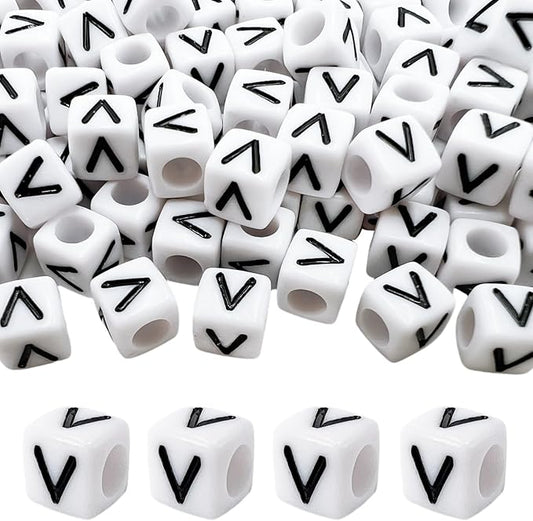 MIIIM 100pcs Pony Beads Letter V for Keychains Making, 6x6mm Large Hole Square Letter Beads for Bracelets Making, Alphabets, Numbers (White and Black)