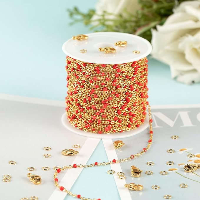 UMAOKANG 10 Meters Gold Plated Chains for Jewelry Making Red Enamel Bead Stainless Steel Chain for Women Necklace DIY Craft