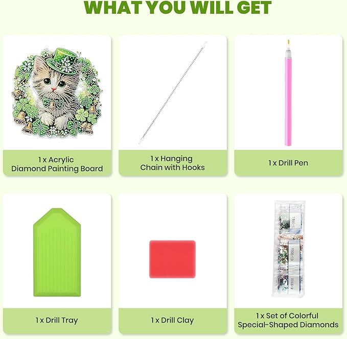 MXJSUA St. Patrick's Day Cat Diamond Art Hanging Kits for Adults Beginners, Crystal Diamond Suncatchers, Special Shape Diamond Painting Pendant Window Ornament Gifts for Home Garden Door Wall Decor