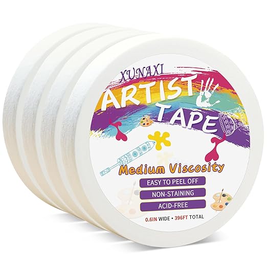 4 Packs Artist Tape Medium Tack White Art Tape for Watercolor Paper Drafting Art Painting Canvas Framing Acid Free Masking Tape- 0.6IN Wide 396FT Long Total