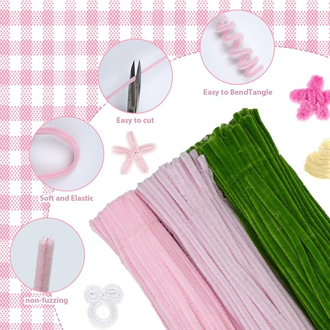 300 Pcs Pink and Green Thick Pipe Cleaners Craft Supplies for Floral Bonquet DIY Flower Making Kit for Starter with Floral Wires, Gardening Tape,Stamen Gift Wrapping Party Decor