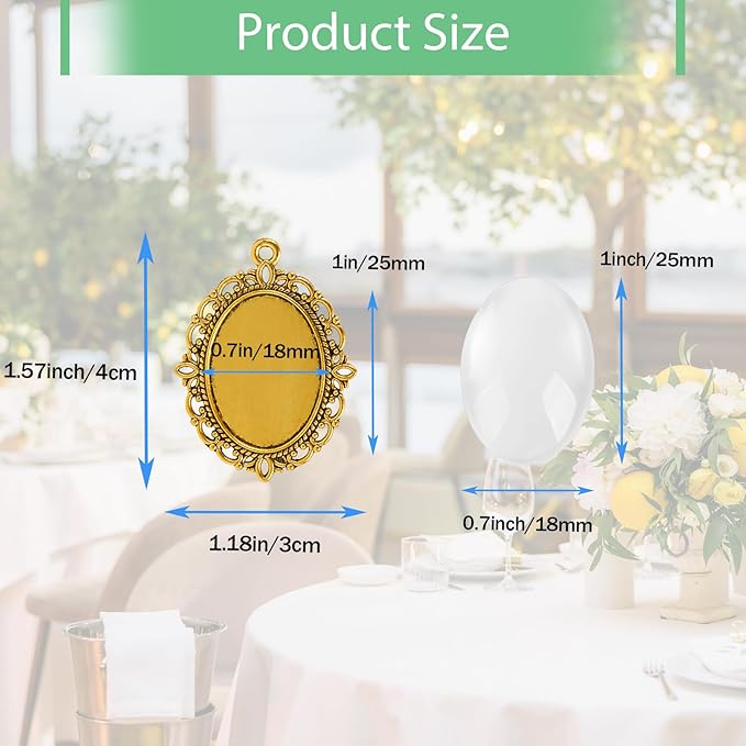 100 Pcs Bezel Pendant Blanks Settings, 50 Oval Pendant Trays Photo Charms with 50 Clear Glass Cabochon for Jewelry Making, DIY Blank Bezels Trays Kit for Crafts, 25x18mm (Antique Gold)