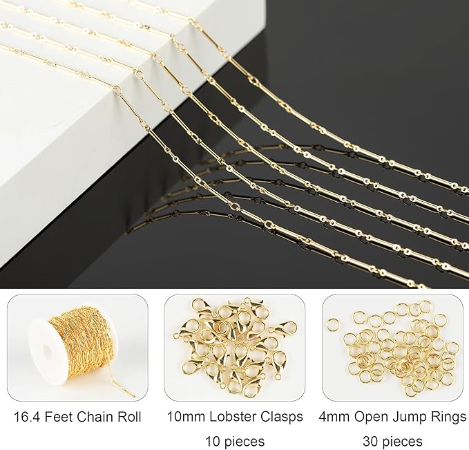 Jabogrii 16.4 Feet 18K Gold Plated Brass Chain for Jewelry Making Columnar Necklace Bracelet Jewelry Making Chains with Lobster Clasps and Open Jump Rings