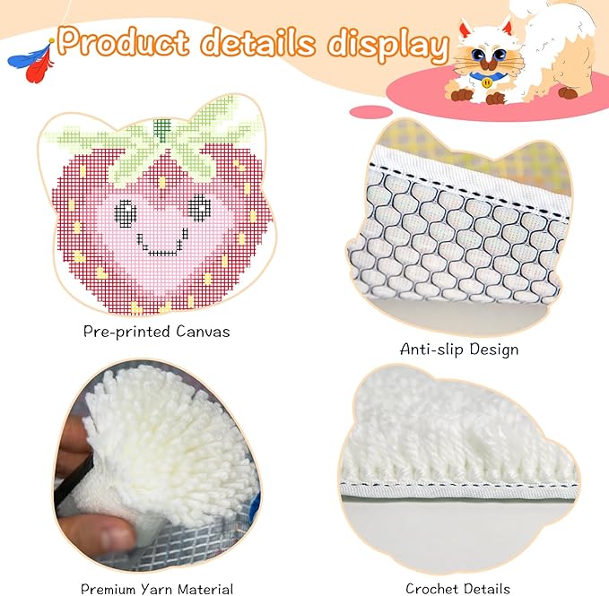 YP Strawberry Smiley Face Latch Hook Kit for DIY Craft Lovers - 12x12 Inch Crochet Rug Making Set, Fun & Creative Home Decor Needlework Project for Beginners