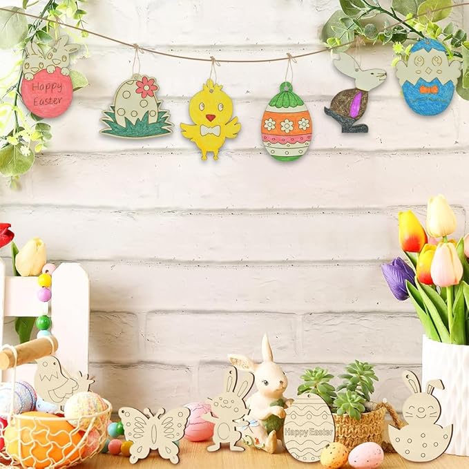 SDTHNT 60 PCS Wooden Easter Ornaments to Paint, 12 Styles DIY Unfinished Wood Crafts Kit with Strings, Colored Bells for Crafts Hanging Decorations, Egg Rabbit Bunny Butterfly Flower Hen Happy Easter