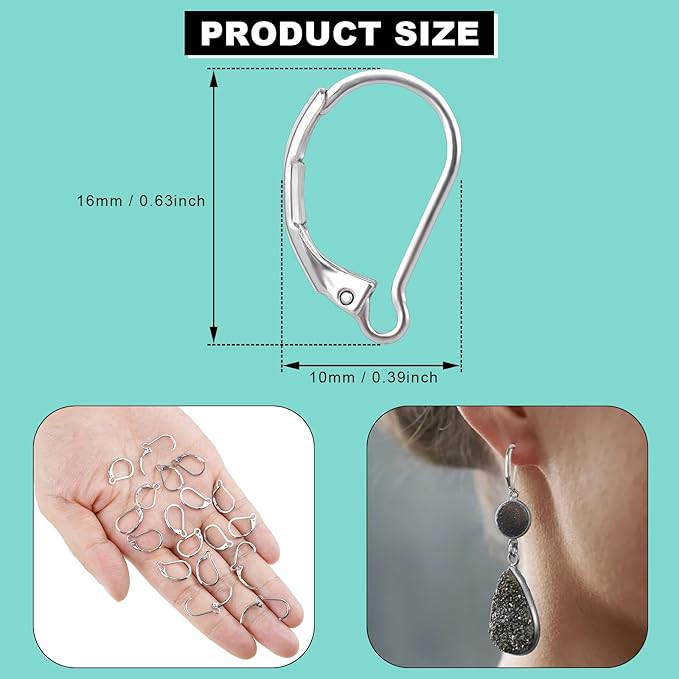50pcs stainless steel lever back earring clasps, leverback french earring hooks, hypoallergenic ear wire findings for making dangles earrings, smooth to open & close, 10x16mm for jewelry making