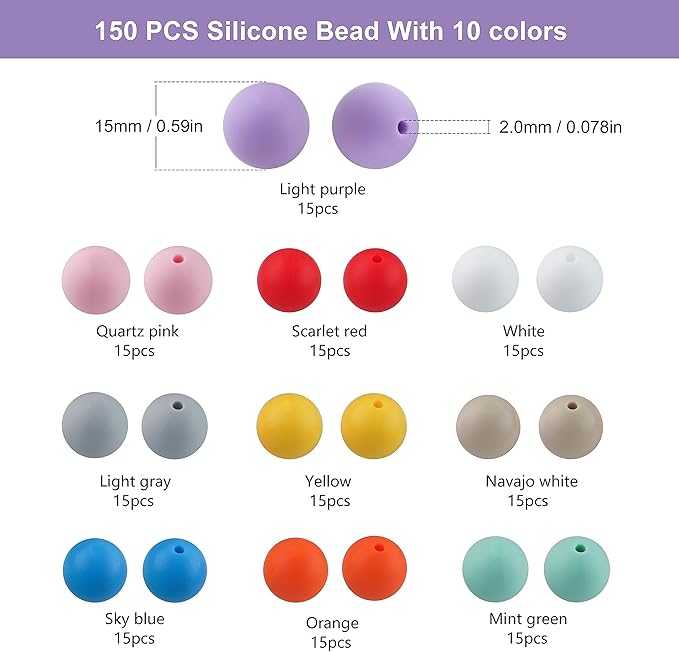 Sunrony 150pcs Silicone Beads for Keychain Making Bracelet Decoration and 15mm Silicone Beads for Pens (Bright Colors)