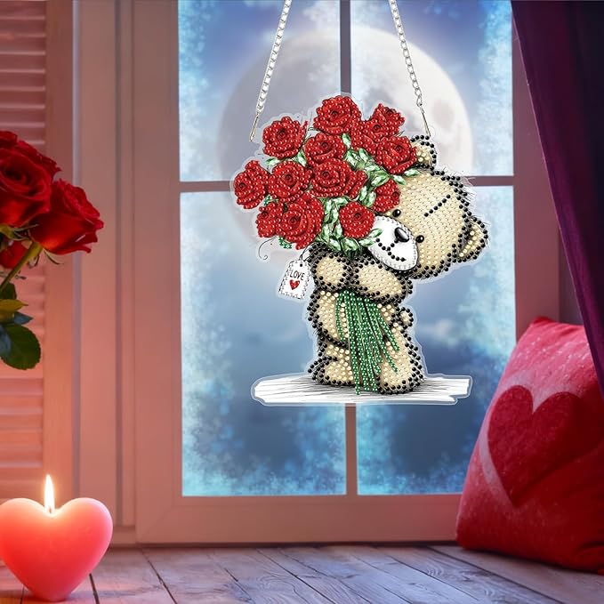 Bowetile Valentine's Day Diamond Art Hanging Kits for Adults, Diamond Art Suncatchers Bear, 5D Special Shape Diamond Painting Red Roses Pendant Window Ornament Gifts for Home Door Wall Decor