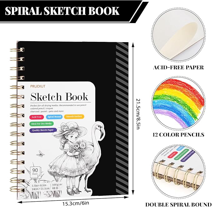 Sketch Book with 12 Color Pencil Set, 90 Sheets Spiral Sketchbook for Drawing (68lb/100gsm), Acid-Free Sketch Pad for Artist, Art Paper Drawing Supplies for Easter Gifts (5.5×8.5 inch)