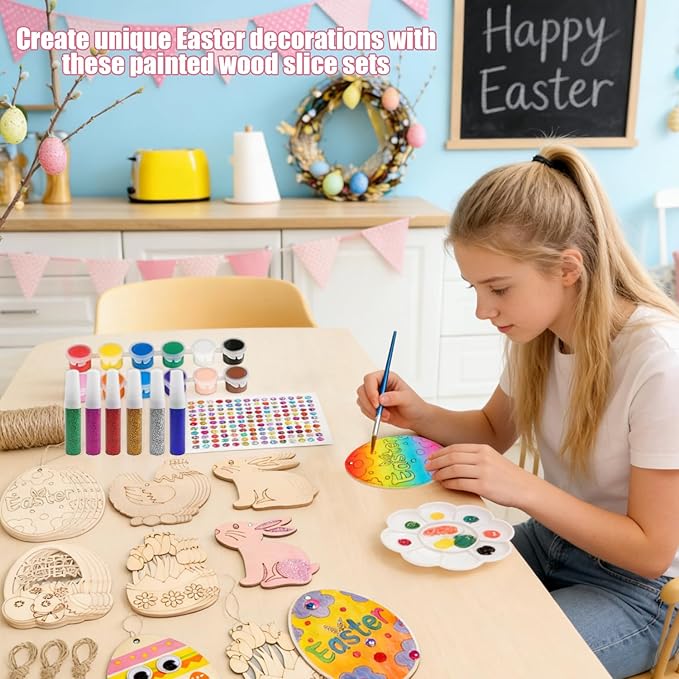 KITRDOOR Easter Wooden Painting Craft Kit, 40Pcs Unfinished Easter Wooden Ornaments, DIY Wood Cutouts Egg Bunny Chick Tulip Ornaments Craft Kits for Adults Spring Party Hanging Decorations