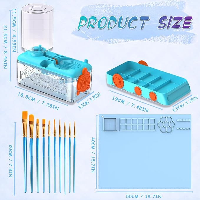 Paint Brush Cleaning Kit for Kids with 5 Brushes, Art Smock, Washable Mat, Guidebook, Spiral Brush Cleaner Jar for Watercolor(Blue)