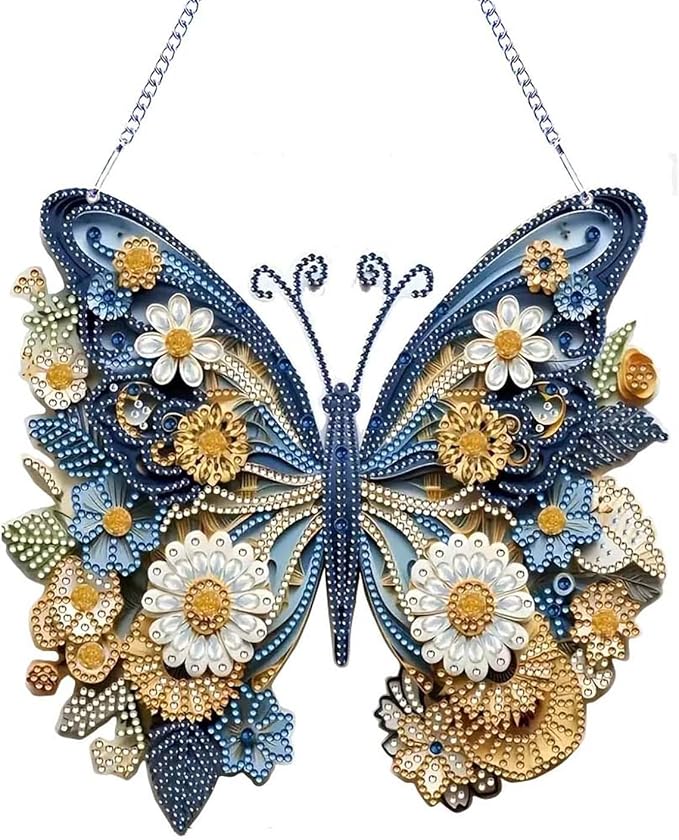 TSRUVYL Butterfly Diamond Art Painting Kit for Adults, 3D Hanging Diamond Art Suncatchers, Cute Diamond Art Painting Crafts Gift, DIY Special Shaped Gem Crystal Ornament(Blue-Butterfly)