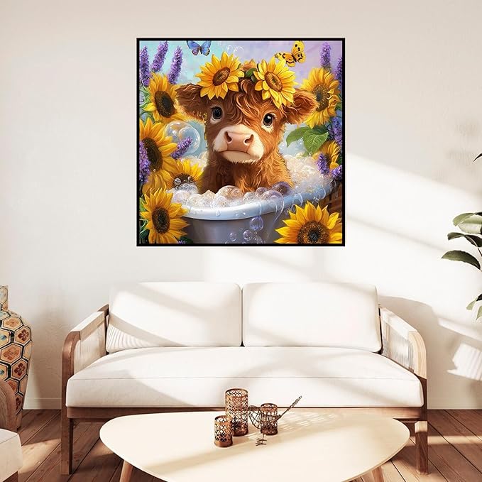 igoodom Cow Diamond Art Kits for Adults, Highland Cow Diamond Painting Kit, Full Drill Round Diamond Art Kits, DIY Gem Art and Crafts for Home Wall Decor Gift 14x14inch