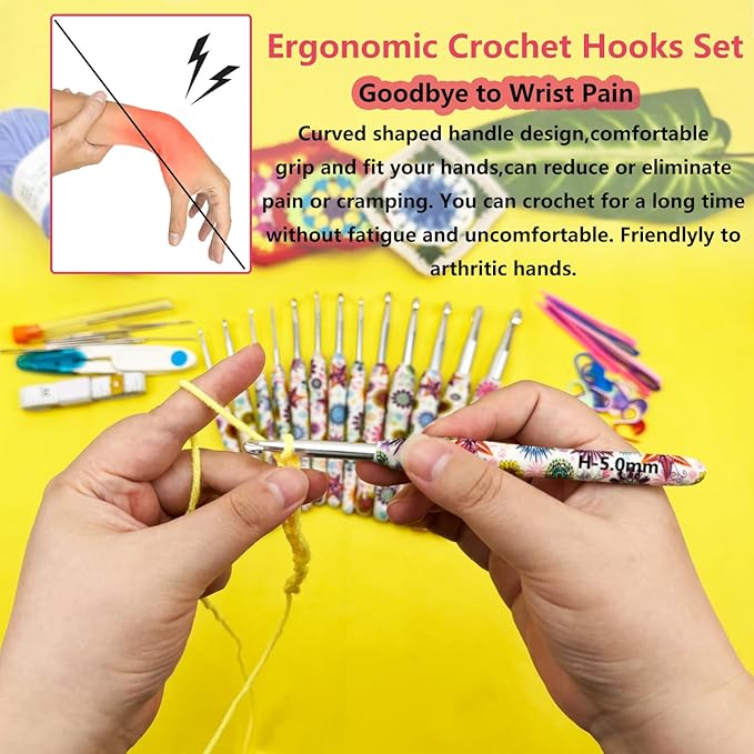 14 Sizes Crochet Hooks Set,2.25mm(B)-10mm(N) Ergonomic Handle Crochet Hook for Arthritic Hands,Long Crochet Needles Set with Case for Beginners and Enthusiasts