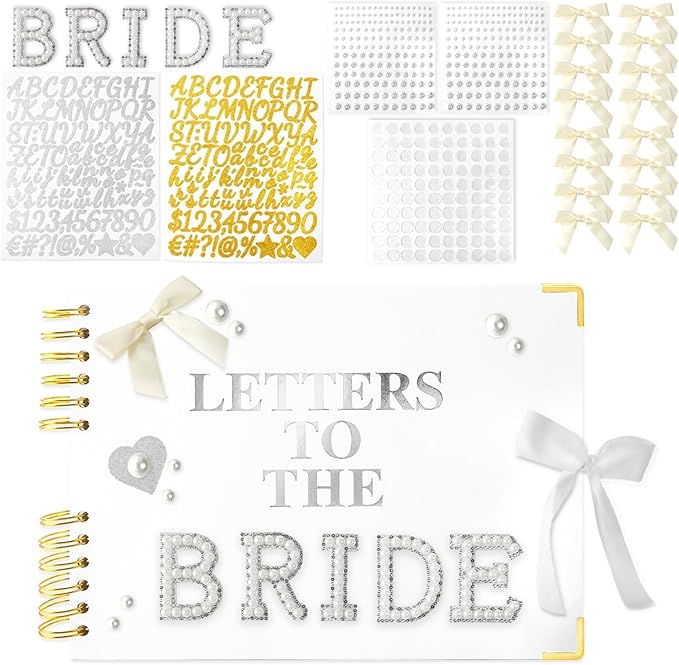 Letters to The Bride Scrapbook - 12.2 Inch Large Wedding Guest Book with PU Leather Cover - DIY Memory Book Kit for Bridal Shower Gift and Anniversary - Personalized Vow Journal with Stickers
