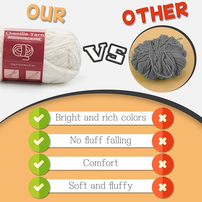 LUNARM 18 Skeins Chenille Yarn for Crocheting, Handmake Weaving Thick Soft Chunky Yarn for Blankets Clothes Crochet Craft with Crochet Hooks Needles Stitch Markers,3.53oz/Skein(White)