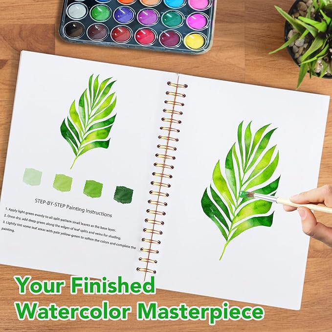 Easy Watercolor Workbook for Beginners - 12 Beautiful Step-by-Step Paintings Water Coloring Book, Includes 18 Colors Paints, Relaxing Art Projects and Creative Gift for Adults & Teen (Leaves)