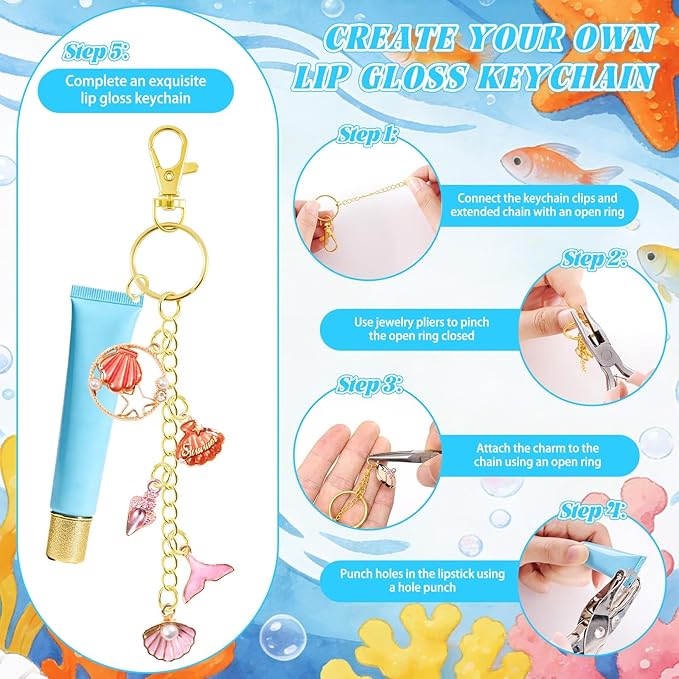 254 Pcs Ocean Themed Charms Lip Gloss Keychain Making Kit Include Summer Sea Beach Enamel Charms Keychain Clips Extender Chains Jump Ring Plier DIY Jewelry Crafts Gifts for Women Adults