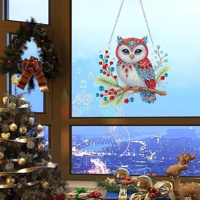 SHLUHA Diamond Art Kits for Adults Diamond Art Christmas Owl Design Special Shape Acrylic Hanging Pendant Crystal Mosaic Home Wall Door Window Decor with Chain Handmade Christmas Gift(LL075)