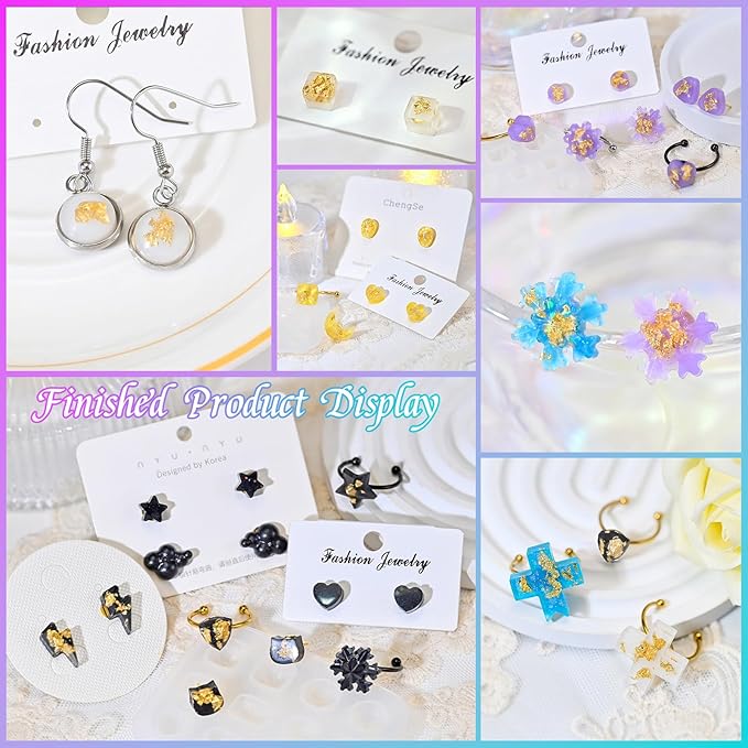 Epoxy Resin Molds Jewelry, Small UV Resin Molds Silicone Kit with Earring Backs & Ring Settings Accessories, DIY Mini Silicone Moulds for Earrings, Pendants, Rings, Necklace & Keychains Art Crafting