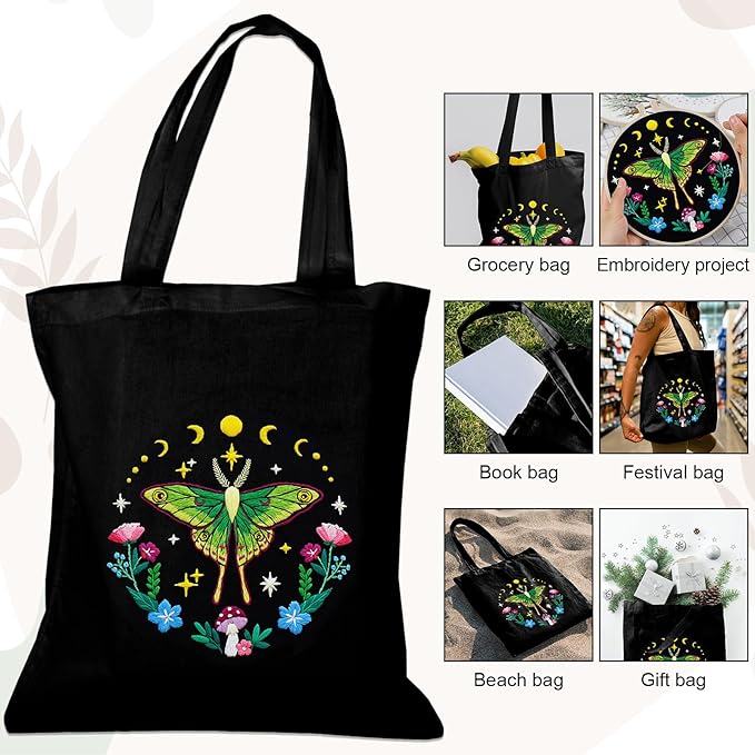 Nuberlic Canvas Tote Bag Embroidery Kit for Beginners Adults -DIY Needlepoint Kit with Butterfly Pattern Bag Reusable Eco-Friendly Shopping Bag