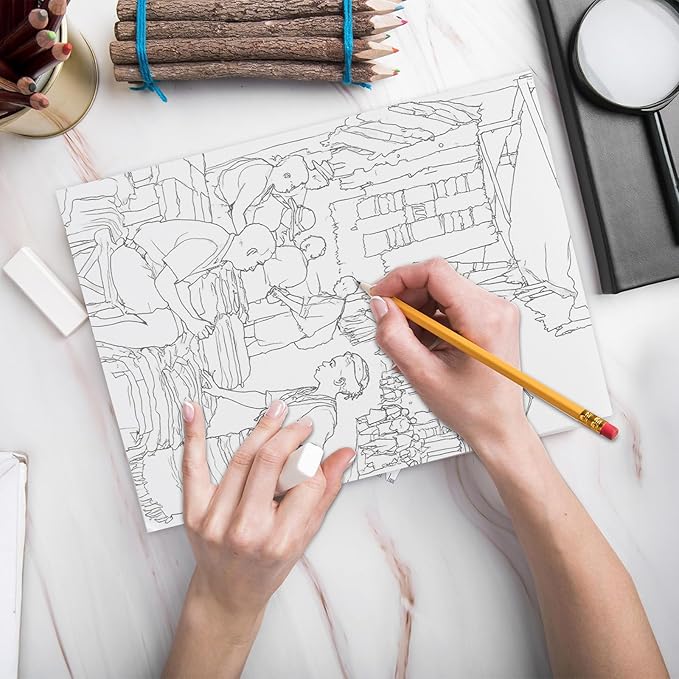 RGBMIX 9x12'' Watercolor Paper Pad Sketchbook 12 Sheets Cotton 140lb/300gsm Pre-Printed Line Art of Couple, Street Musician, Fisherman, Food Cooking Daily Life for Watercolor Acrylic Stress-Relief