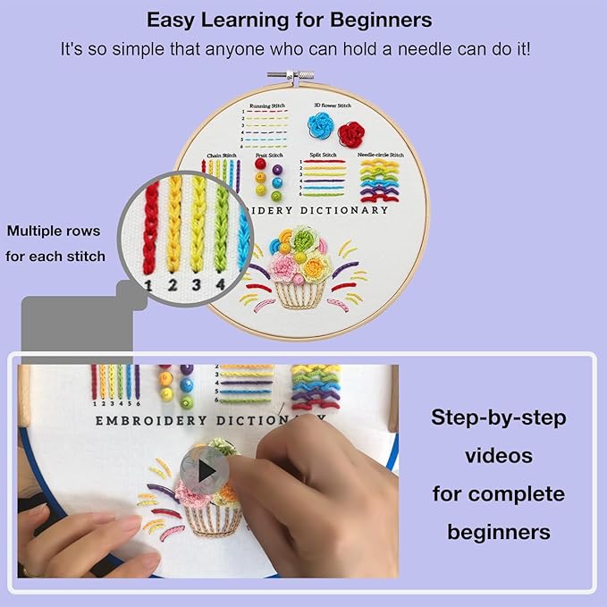VIVIDOX 4 Sets Embroidery Kit for Beginners with Stitch Video, Cross Stitch Kits for Adults, Hand Craft Lover, Starters Easy Practice with Stamped Pattern, Hoop, Needles, Scissors, Tools & Instruction