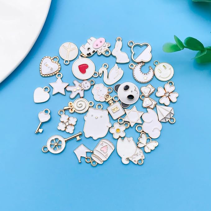 Youdiyla 60pcs Alloy enamel white series fixed set Pendant Jewelry Making DIY Keychain Earrings Pendant Various Design Charms for Jewelry Making Bracelets Necklace (HK548)