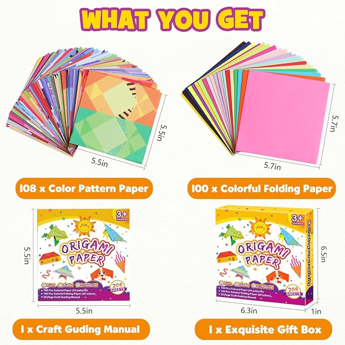 Pigipigi Kids Craft Origami Paper Kit for Kids Ages 5-8 8-12, with Guiding Book, 208 Sheets DIY Art and Crafts Supplies, Colorful Folding Papers Set Projects Gifts Activity for Boy Girl Toys(Cartoon)