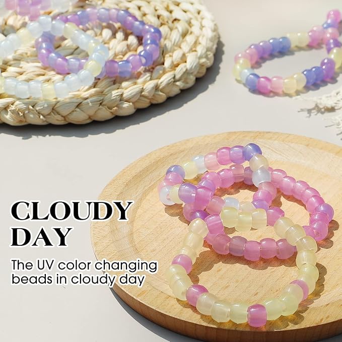 korlon 1500 pcs uv beads, glow in the dark beads for bracelets, crafts, 8mm friendship bracelet kit hair kandi color changing pony bead with crystal elastic string & 2 elastic cords