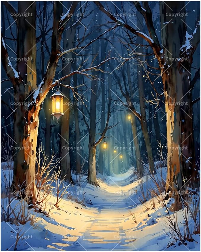 Snowy Lantern Walk Paint by Numbers Kit for Adults - DIY Winter Night Forest Painting on Canvas, Acrylic Paint Set, Suitable for Beginners, Art for Home Decoration or Gifts(12X16IN Framed)