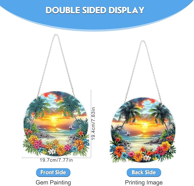 Hanging Diamond Art Kit for Adult, Seaside Flower, 5D Special Shaped Rhinestone Diamond Painting Ornament, Beach Landscape, DIY Acrylic Diamond Art Painting Window Pendants Home Garden Wall Decor