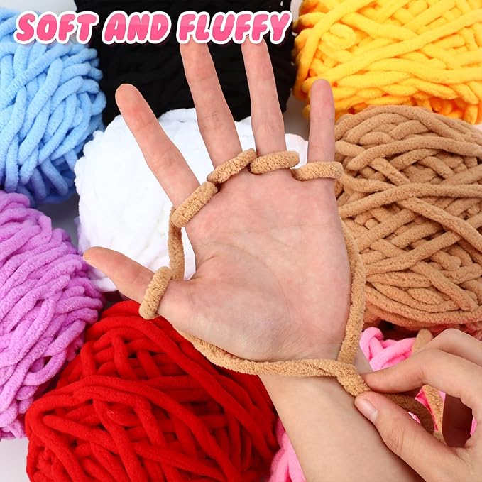 Buryeah 8 Pack Chunky Chenille Yarn for Crocheting Soft Thick Fluffy Yarn for Hand Knitting Bulky Velvet Blanket Plush for Weaving DIY Crafts Each 3.5 oz 55 Yards (Simple Colors)