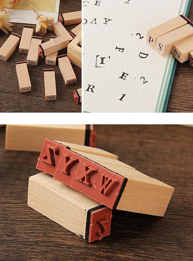 Pack of 36 Pcs Small Wooden Rubber Stamps 0.2 Inch of Letter and Number for DIY Craft Card and Photo Album (A)