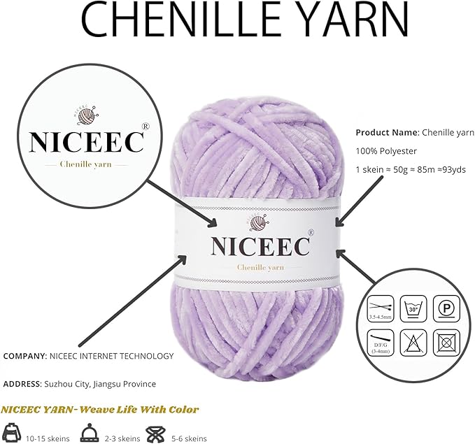NICEEC 3 Skeins Soft Chenille Yarn Blanket Yarn for Knitting Fancy Yarn for Crochet Weaving DIY Craft Total Length 3×85m (3×93yds, 3×50g)_Light Purple