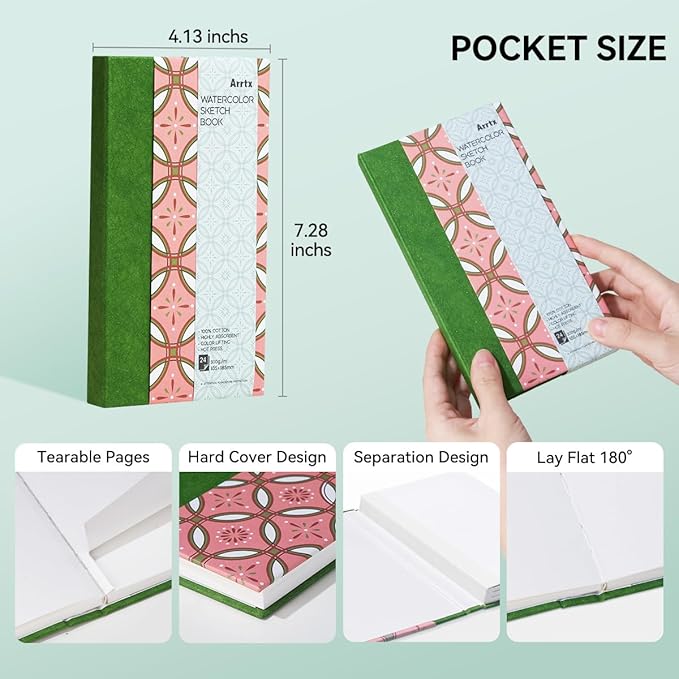 2 Pack Arrtx Watercolor Journal, 7.28x4.13'', 140 LB, 300 GSM, 100% Cotton Paper, Hot Press, 48 Sheets, Hardcover Watercolor Sketchbook for Use As Travel Notebook for Artists Adults Students