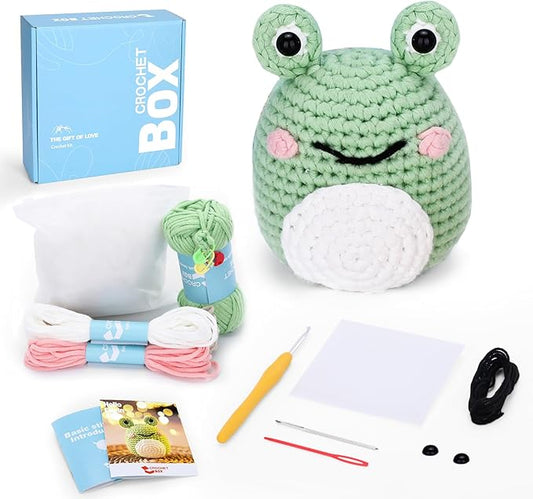 Crochet Kit for Beginners: Frog Crochet Kit for Adults, Learn to Crochet, Include Easy to Use Yarn, Step-by-Step Video, Patterns, Cute Animal Design, Thanksgiving Christmas Birthday Gift