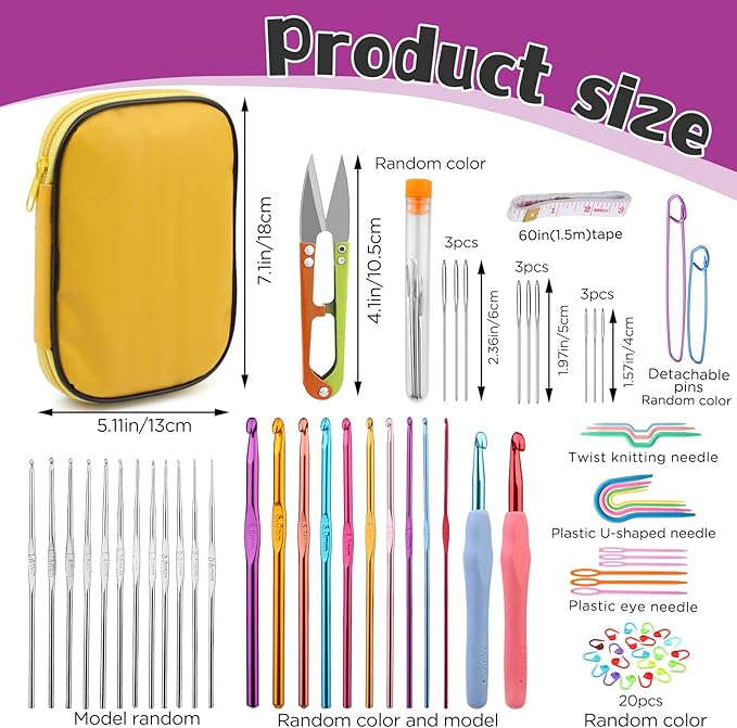IMZAY 66 Pcs Crochet Hooks Set, Crochet Needles for Yarn with Storage Case, Crochet Kits for Beginners Ergonomic Blunt Needles Stitch Marker DIY Hand Knitting Craft Art Tools for Beginners (Yellow)