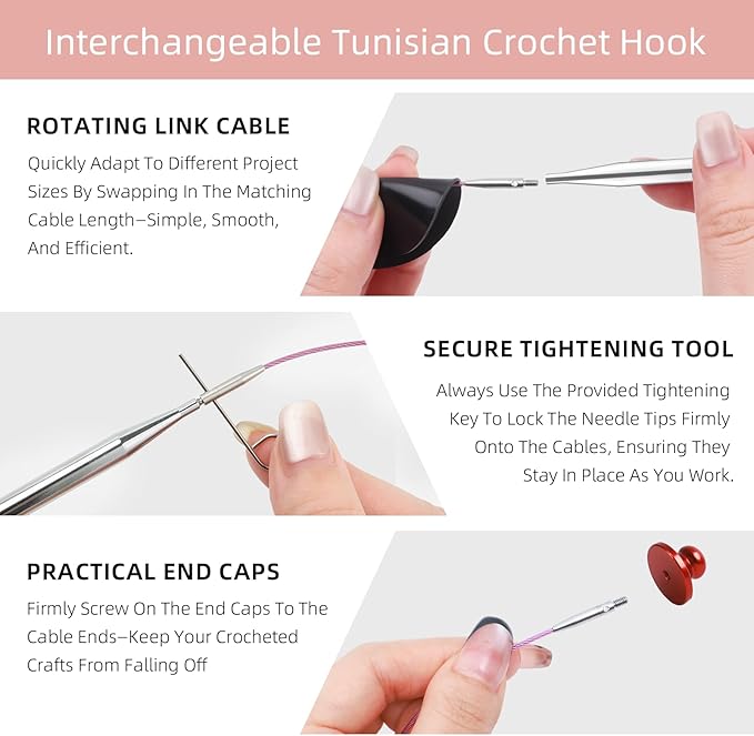 AIYUNDI Tunisian Crochet Hooks Set with Cable, 6-Inch Aluminum Interchangeable Crochet Hooks 3mm-10mm, Long Crochet Hooks, Lightweight, Anti-Twist Swivel Cables, Ergonomic, Pink 26 PCS