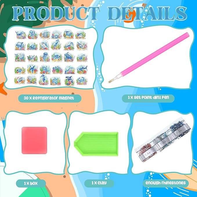 Xuhal 30 Pcs Summer Diamond Painting Magnets Ocean Animal Diamond Art Magnet Kits for Adults 5D Rhinestone Beach Under The Sea Animal Refrigerator Magnetic Sticker for DIY Craft Fridge Ocean Gifts