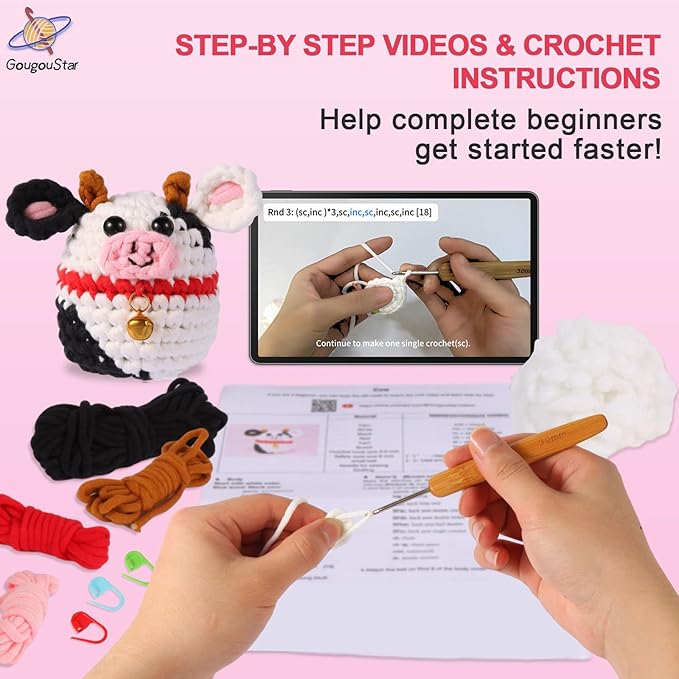 GougouStar Crochet Kit for Beginners, Animal Crochet Kits, Knitting Kit with Step-by-Step Video Tutorials and Crochet Accessories - Amigurumi Beginner Crochet Kit (Cow)