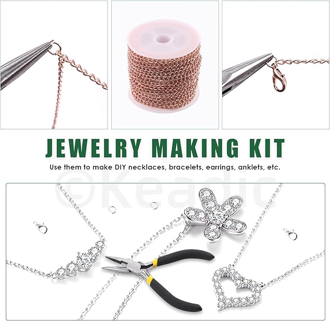 Keadic 102Pcs 30 Feet Jewelry Making Chains Kit W 3mm Metal Necklace Twisted Links Chain, Lobster Clasps, Open Jump Rings and Jewelry Pliers for Bracelet Earring Anklet DIY (Rose Gold)