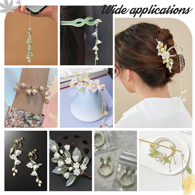 NBEADS 300 Pcs Acrylic Assorted Beads Kit, 1-2mm Hole Acrylic Flower and Leaf Beads DIY Jewelry Beads Caps ABS Plastic Pearl Beads for Bracelet Necklace Jewelry Making, Green
